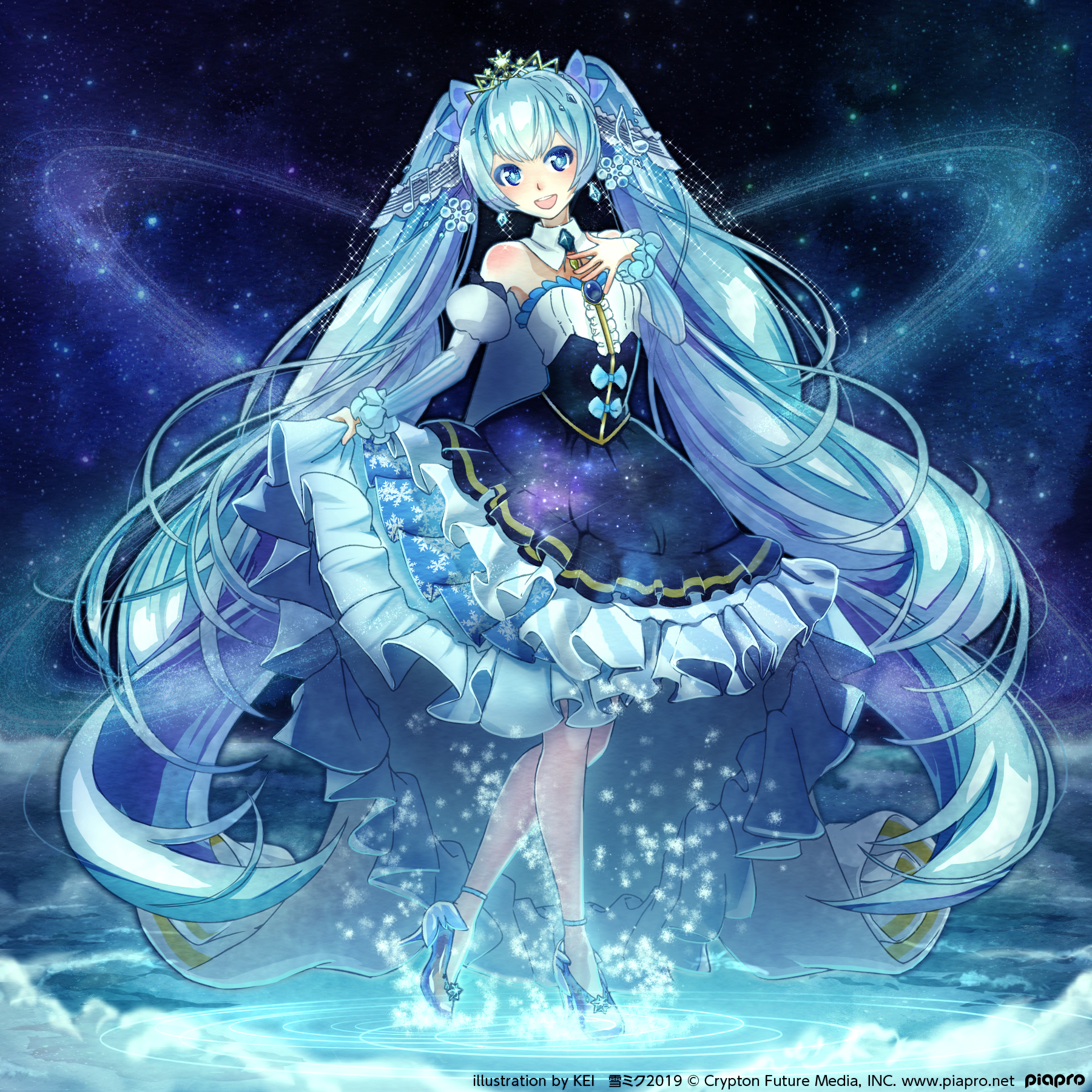 hatsune miku, yuki miku, yuki miku (2019), vocaloid, highres, 1girl, aqua hair, blue eyes, breasts, detached collar, dress, fortissimo, frilled dress, frills, grilledsasami, hair ornament, high heels, long hair, long sleeves, looking at viewer, musical note, musical note hair ornament, nurimas, official alternate costume, official alternate hairstyle, open mouth, puffy long sleeves, puffy sleeves, small breasts, smile, solo, strapless, strapless dress, twintails, very long hair