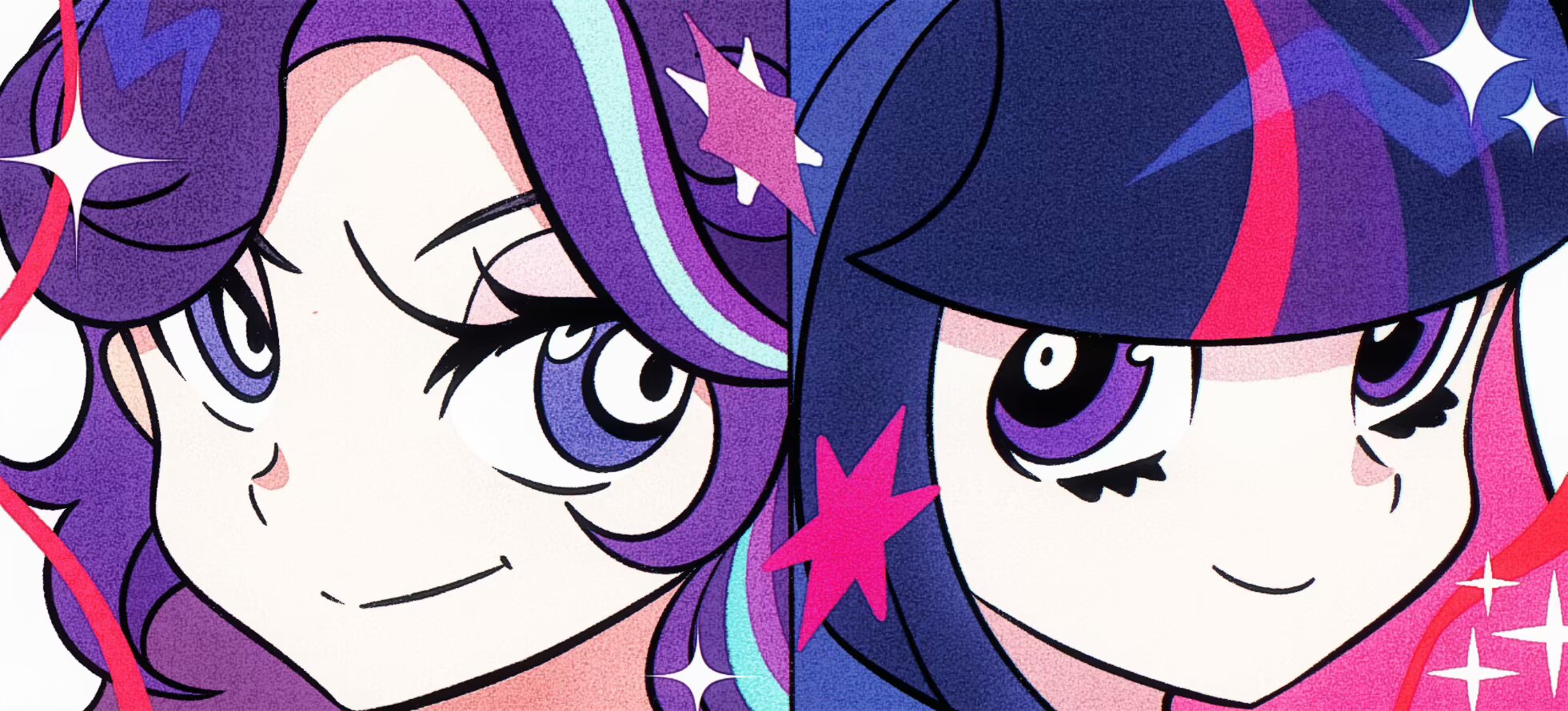 starlight glimmer, starlight glimmer (equestria girls), twilight sparkle, twilight sparkle (human), my little pony, my little pony: equestria girls, my little pony: friendship is magic, commentary, english commentary, highres, 2girls, alternate skin color, black hair, blue hair, blunt bangs, close-up, closed mouth, colored inner hair, cutie mark, film grain, looking at another, looking back, multicolored eyes, multicolored hair, multiple girls, panty & stocking with garterbelt (style), pink hair, portrait, purple eyes, purple hair, simple background, smile, sparkle, star (symbol), streaked hair, tkotu, two-tone eyes, v-shaped eyebrows, wavy hair, white background, white eyes