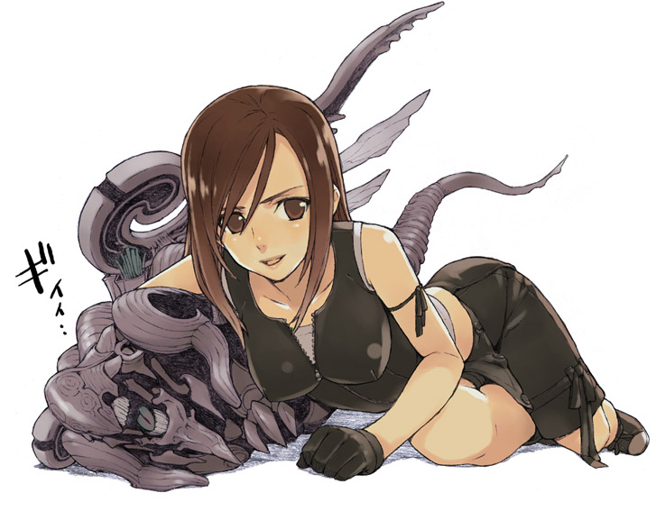 morisawa haruyuki, bahamut (final fantasy), bahamut shin, tifa lockhart, final fantasy, final fantasy vii, final fantasy vii advent children, translation request, 00s, 1990s (style), 1girl, armband, black gloves, brown eyes, brown hair, female focus, gloves, long hair, lying, midriff, monster, retro artstyle, smile, solo, tank top, unzipped, zipper