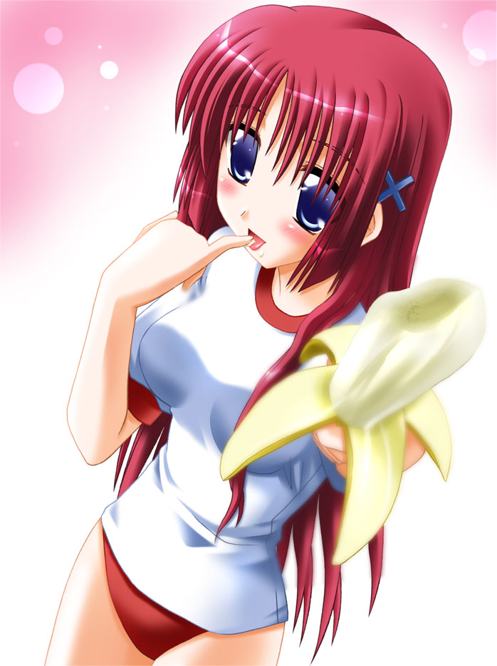otoki raku, shirakawa kotori, da capo, da capo i, 00s, 1girl, banana, buruma, female focus, food, fruit, gym uniform, holding, holding food, holding fruit, solo