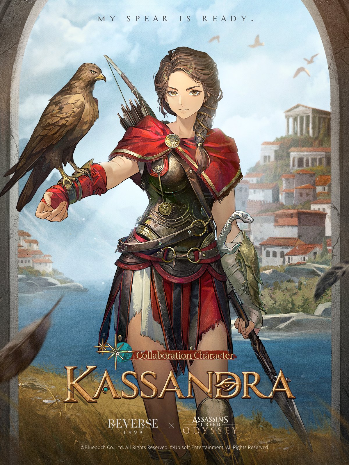 assassin's creed: odyssey, assassin's creed (series), reverse:1999, highres, official art, 1girl, ancient greek clothes, arrow (projectile), bird, bow (weapon), braid, brown eyes, brown hair, character name, cityscape, crossover, eagle, english text, gauntlets, greco-roman clothes, greece, greek armor, holding, holding polearm, holding weapon, kassandra of sparta, long hair, looking at viewer, polearm, quiver, river, single braid, solo, spear, weapon