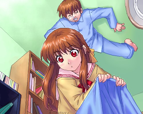 zen, nagamori mizuka, orihara kouhei, one – kagayaku kisetsu e, lowres, 00s, 1boy, 1girl, nose bubble, oekaki, pajamas, school uniform, serafuku, sleeping