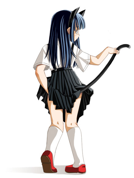 yuuji overall, furude rika, higurashi no naku koro ni, 00s, animal ears, blue hair, blunt bangs, cat ears, cat tail, hime cut, long hair, skirt, solo, suspenders, tail