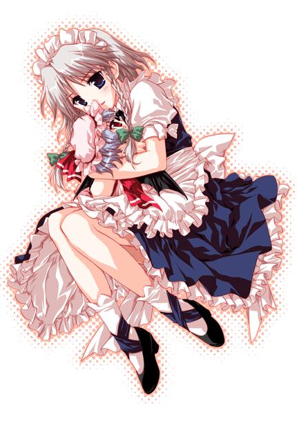 sato-pon, izayoi sakuya, remilia scarlet, touhou, cross-laced footwear, silver hair, white legwear, duplicate, jpeg artifacts, 2girls, apron, blue eyes, bow, braid, chibi, female focus, full body, hair ribbon, halftone, halftone background, holding, hug, maid, maid headdress, multiple girls, ribbon, short hair, socks, twin braids, waist apron, white background