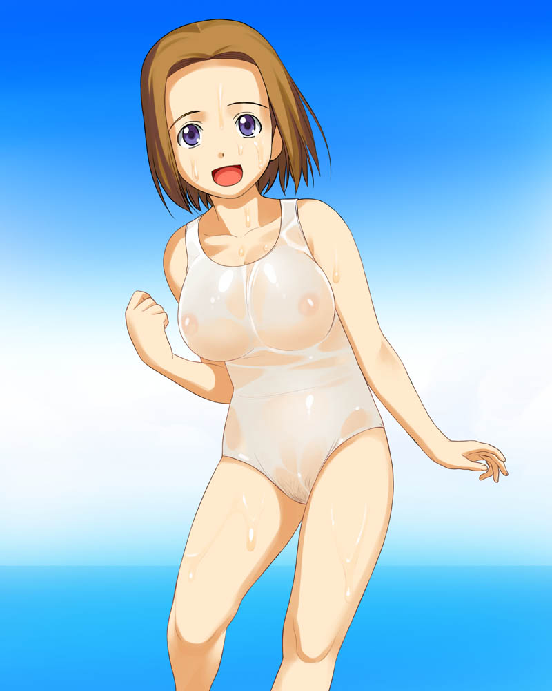 a1 (initial-g), shijou mitsue, kamichu!, 00s, 1girl, blue eyes, breasts, brown hair, covered erect nipples, female focus, female pubic hair, large breasts, nipples, one-piece swimsuit, pubic hair, see-through clothes, see-through one-piece swimsuit, short hair, solo, swimsuit, wet
