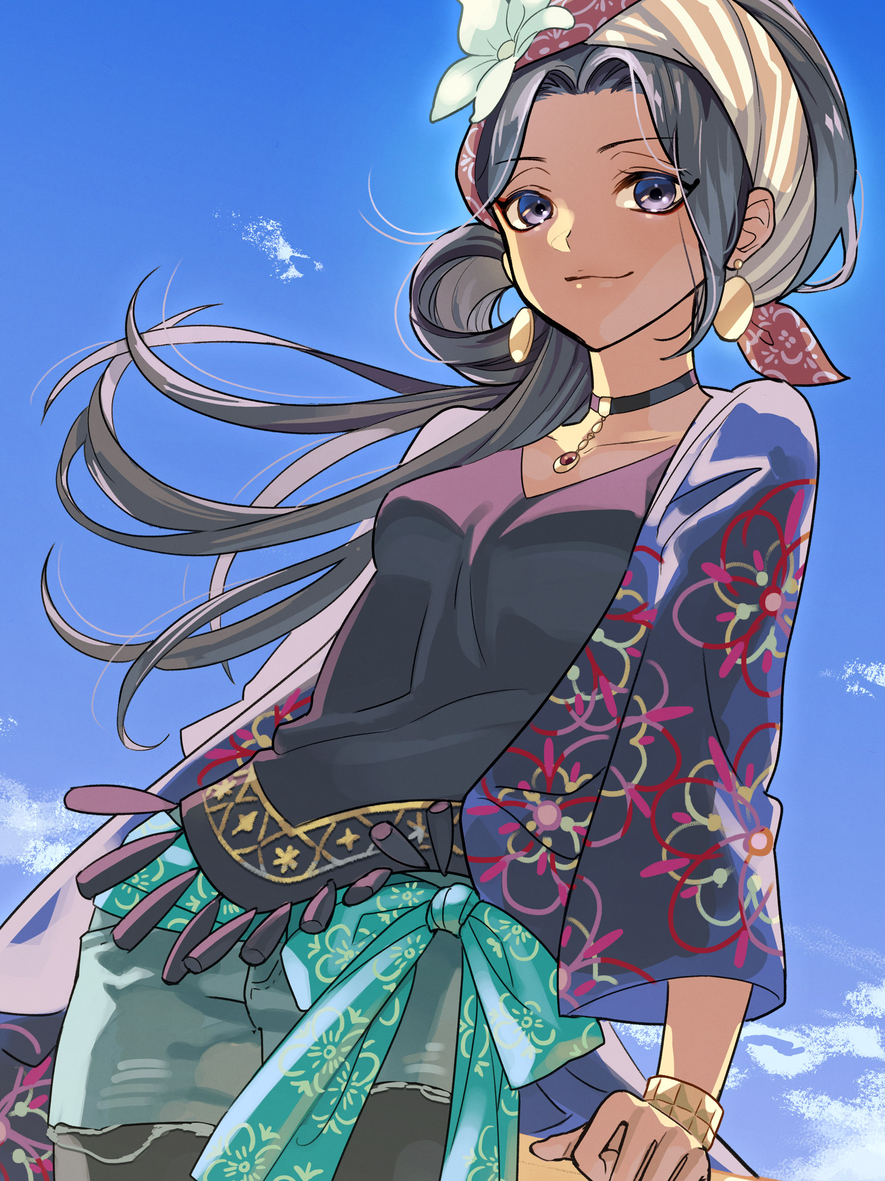 aubrey (kyarairo), twisted wonderland, absurdres, commentary request, highres, 1girl, black choker, blue sky, bracelet, choker, closed mouth, collarbone, cowboy shot, day, earrings, green shorts, grey hair, jewelry, long hair, long sleeves, looking at viewer, najma viper, outdoors, parted bangs, purple eyes, purple shirt, shirt, shorts, sky, smile, solo