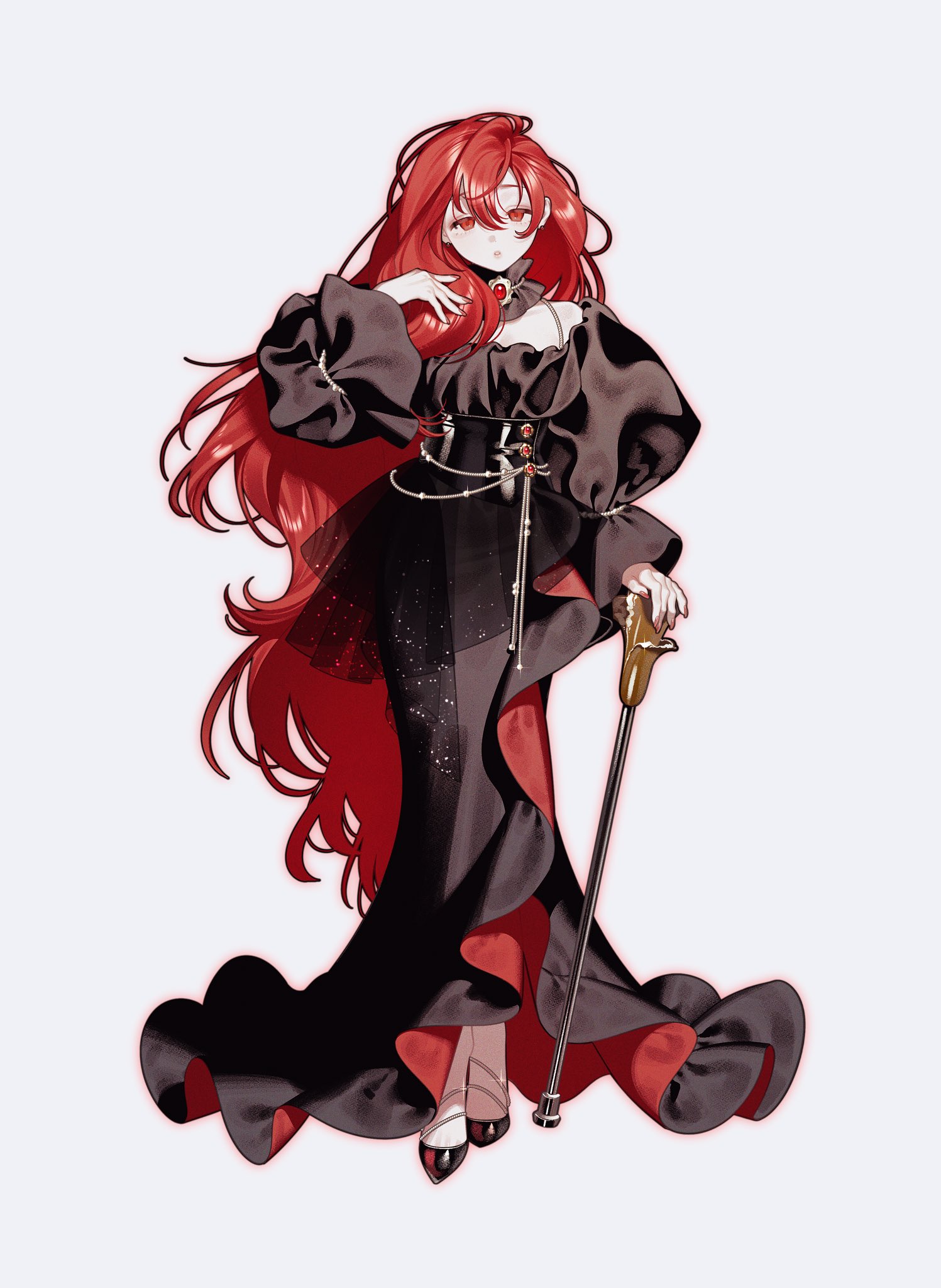nanoka san, original, highres, 1girl, black corset, black dress, brooch, cane, corset, dress, grey background, holding, holding cane, jewelry, long dress, long hair, long sleeves, looking at viewer, puffy long sleeves, puffy sleeves, red brooch, red eyes, red hair, shoes, simple background, solo, very long hair