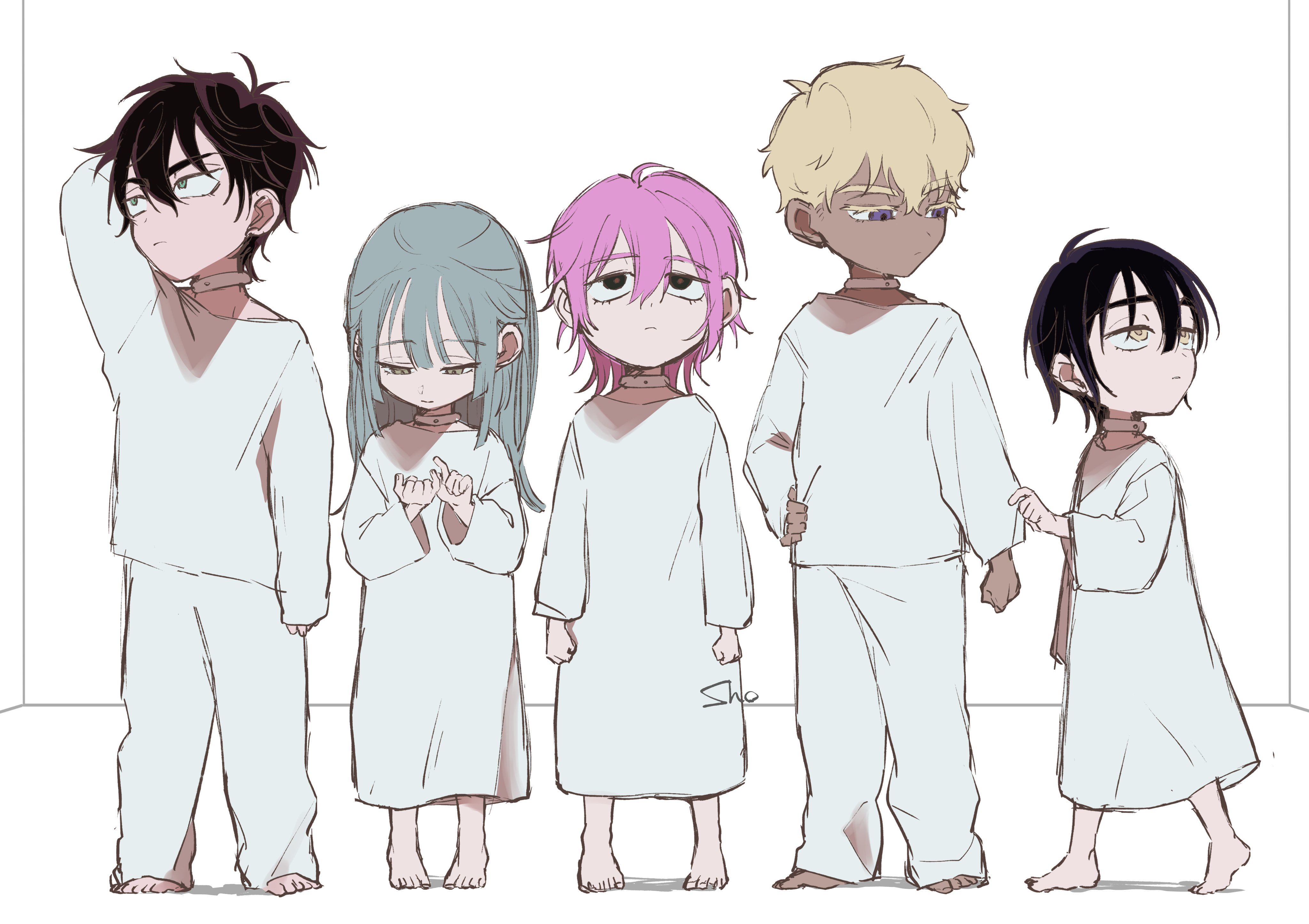 sho (shoootaya), alien stage, absurdres, commentary request, highres, 2boys, 3girls, arm behind head, barefoot, black eyes, blonde hair, choker, colored eyelashes, dark-skinned male, dark skin, dress, finger counting, grey eyes, grey hair, long hair, long sleeves, medium hair, multiple boys, multiple girls, pants, pink hair, purple eyes, red pupils, shirt, short hair, signature, white choker, white dress, white pants, white shirt, yellow eyes