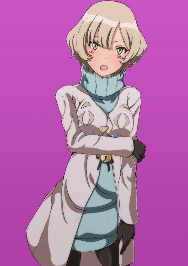 li@ (rikku04), occultic;nine, science adventure, tagme, 1girl, :o, black gloves, blonde hair, blush, coat, cowboy shot, gloves, hair between eyes, holding own arm, kisaki asuna, long sleeves, looking at viewer, open mouth, pantyhose, short hair, simple background, solo, standing, sweater, tongue, turtleneck, winter clothes