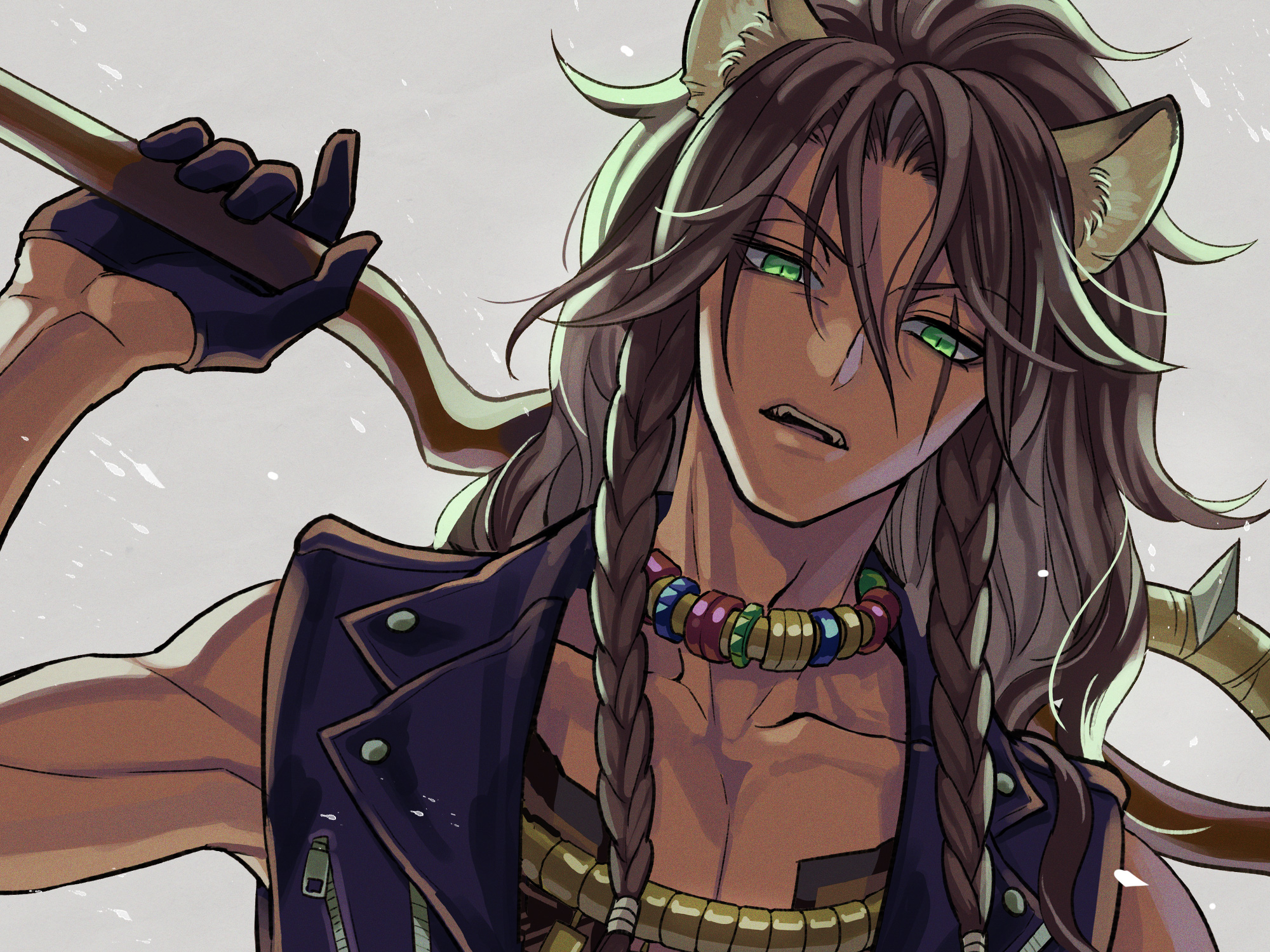 aubrey (kyarairo), leona kingscholar, twisted wonderland, commentary, highres, 1boy, animal ears, bare arms, bare shoulders, black gloves, blue vest, braid, brown hair, collarbone, gloves, green eyes, grey background, hair between eyes, half gloves, holding, holding staff, lion boy, lion ears, long hair, looking at viewer, male focus, open clothes, open mouth, open vest, parted bangs, portrait, simple background, solo, staff, twin braids, vest
