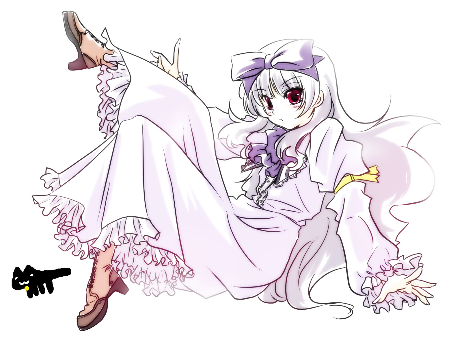 3.1-tan, dos cat, os-tan, highres, 1girl, :3, black cat, blush, brown shoes, cat, dress, female focus, full body, lolita fashion, long hair, purple ribbon, red eyes, ribbon, shoes, simple background, solo, white background, white dress, white hair