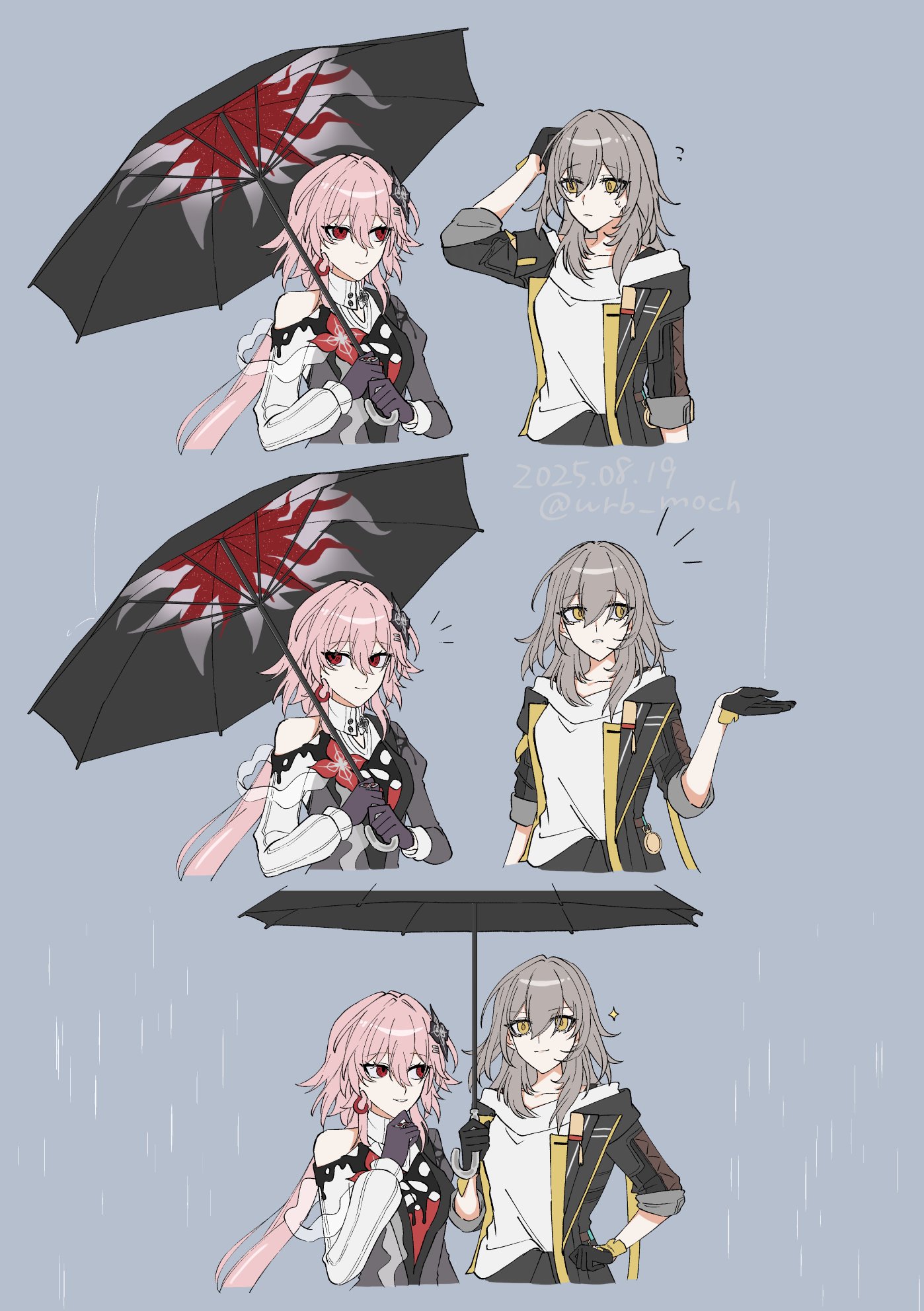 wrb moch, evernight (honkai: star rail), march 7th (honkai: star rail), stelle (honkai: star rail), trailblazer (honkai: star rail), honkai: star rail, honkai (series), highres, 2girls, black coat, black dress, black flower, black gloves, black umbrella, coat, dress, flower, gloves, grey hair, hair flower, hair ornament, holding, holding umbrella, layered dress, long hair, multiple girls, open clothes, open coat, pink hair, rain, red eyes, shared umbrella, shirt, simple background, single bare shoulder, umbrella, white dress, white shirt, yellow eyes