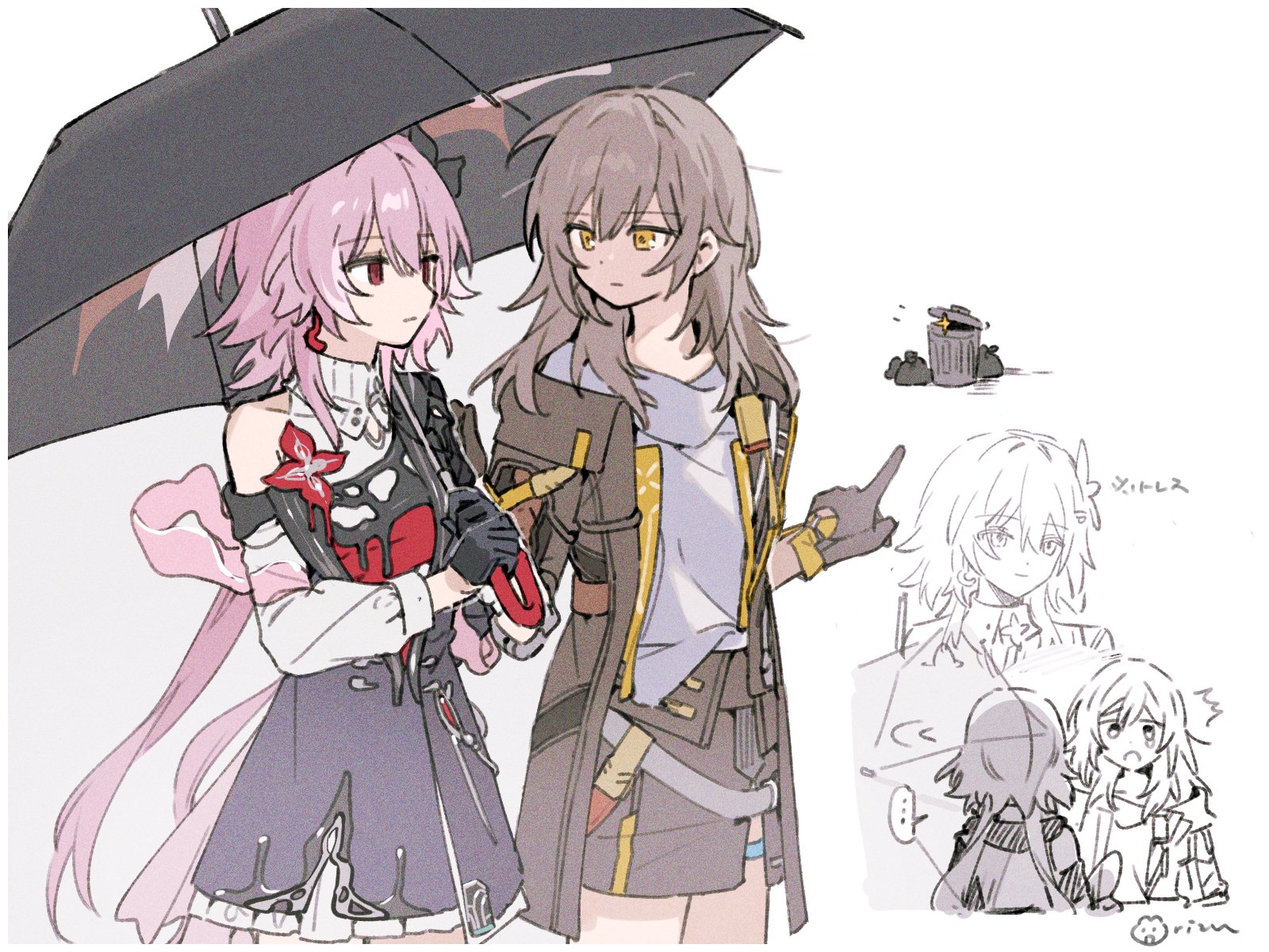 rizu033, evernight (honkai: star rail), march 7th (honkai: star rail), stelle (honkai: star rail), trailblazer (honkai: star rail), honkai: star rail, honkai (series), highres, 2girls, black coat, black dress, black flower, black gloves, black skirt, black umbrella, coat, dress, flower, gloves, grey hair, hair flower, hair ornament, holding, holding umbrella, layered dress, long hair, multiple girls, open clothes, open coat, pink hair, red eyes, shared umbrella, shirt, simple background, single bare shoulder, skirt, trash can, umbrella, white background, white dress, white shirt, yellow eyes