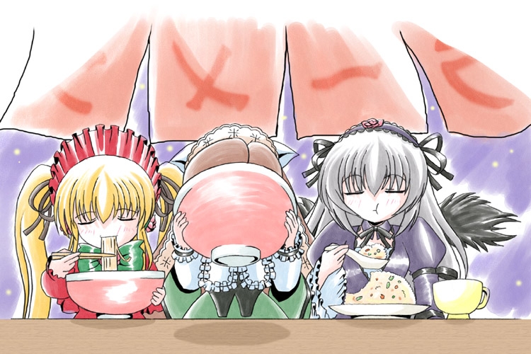 imai kazunari, shinku, suigintou, suiseiseki, rozen maiden, 00s, 3girls, blonde hair, bowl, chopsticks, closed eyes, eating, food, heterochromia, multiple girls, noodles, ramen, rice, spoon