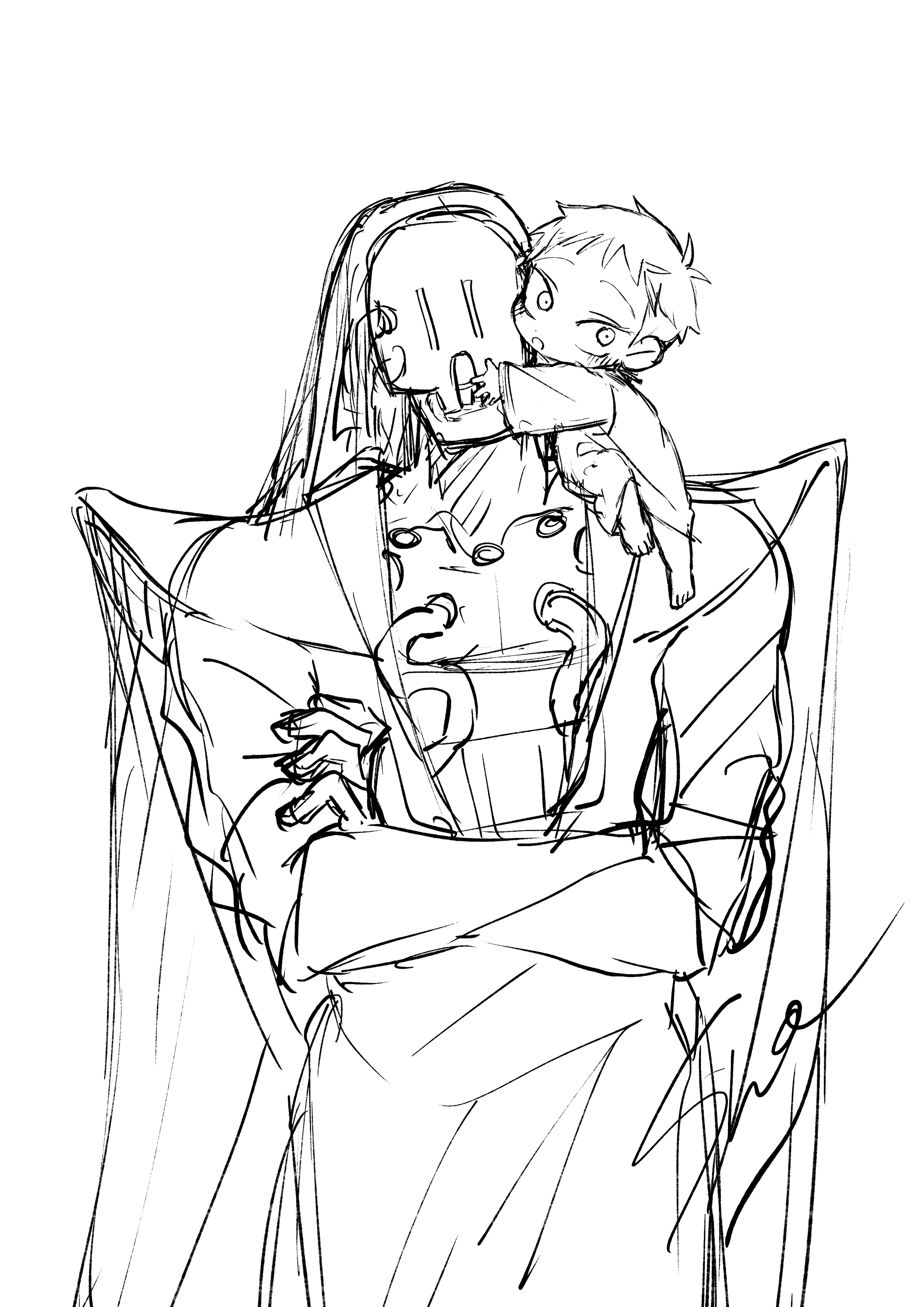 sho (shoootaya), till (alien stage), alien stage, absurdres, commentary request, highres, 1boy, aged down, alien, baby, crossed arms, signature, sitting on shoulder, sketch, urak (alien stage)