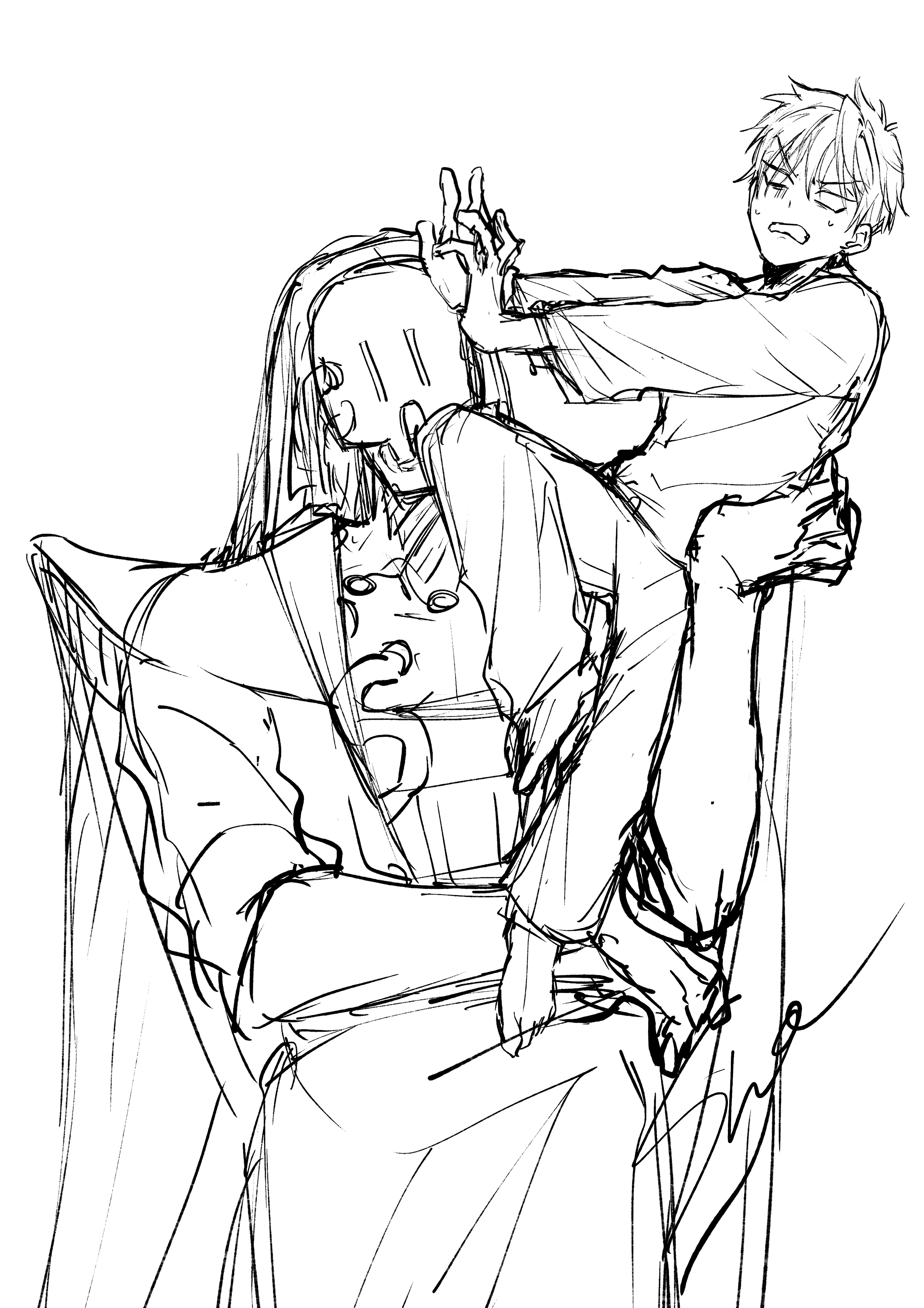 sho (shoootaya), till (alien stage), alien stage, absurdres, commentary request, highres, 1boy, alien, barefoot, long sleeves, pants, pushing away, shirt, signature, sitting on shoulder, sketch, urak (alien stage)