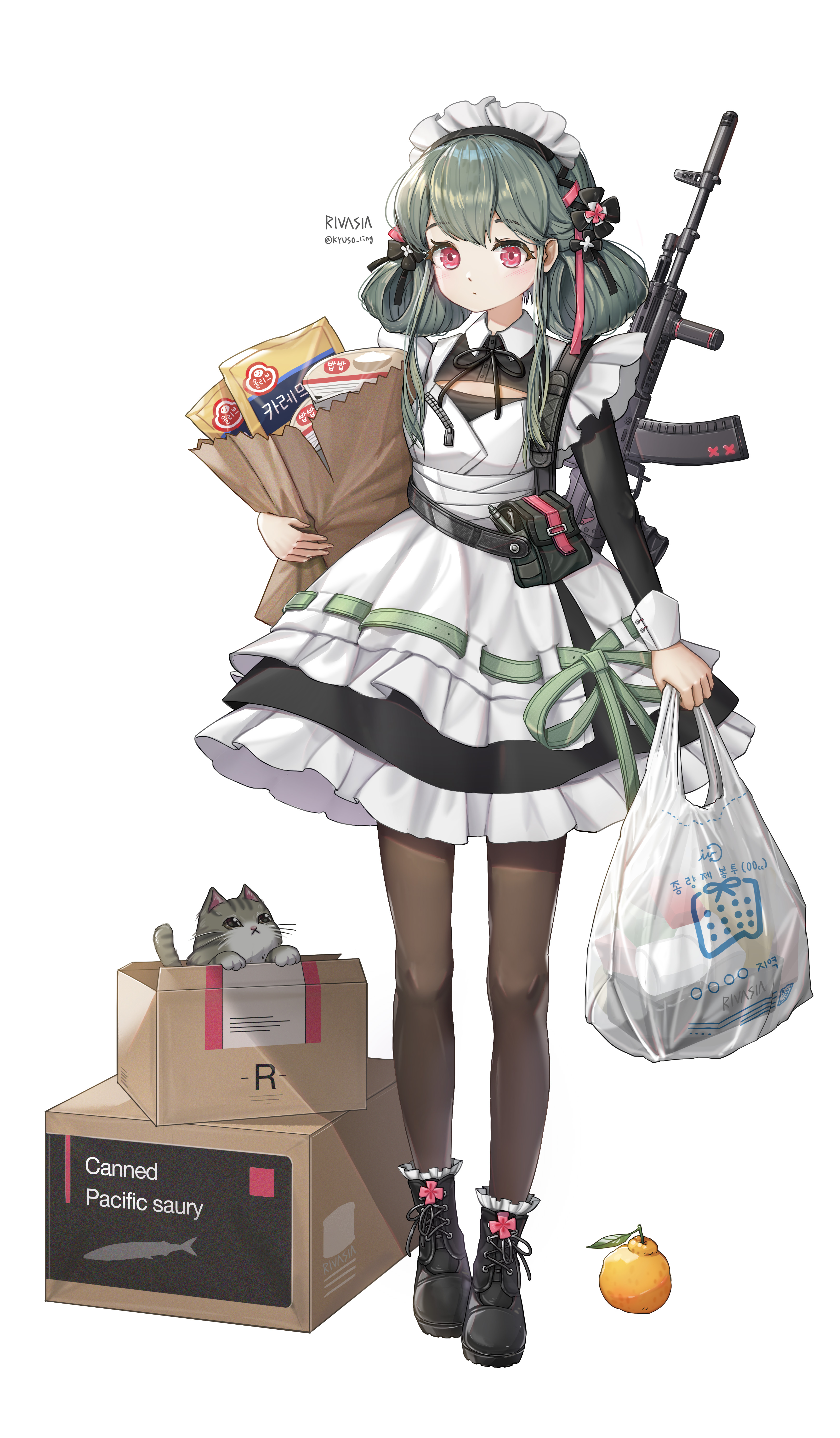 kasia0309, original, absurdres, highres, 1girl, ak-12, artist name, assault rifle, bag, black boots, black ribbon, boots, box, brown pantyhose, cardboard box, cat, closed mouth, dress, food, frilled boots, frills, fruit, full body, grey hair, groceries, gun, hair ornament, hair rings, holding, holding bag, kalashnikov rifle, long sleeves, looking at viewer, maid, maid headdress, neck ribbon, pantyhose, paper bag, red eyes, ribbon, rifle, simple background, solo, standing, weapon, white background