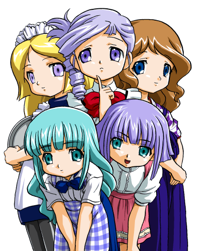 bandabekken, di-air, lumiere (kiddy grade), kiddy grade, 00s, 5girls, blonde hair, blue eyes, blue hair, brown hair, green eyes, green hair, loli, multiple girls, multiple persona, pantyhose, purple eyes, simple background, time paradox, waitress, white background