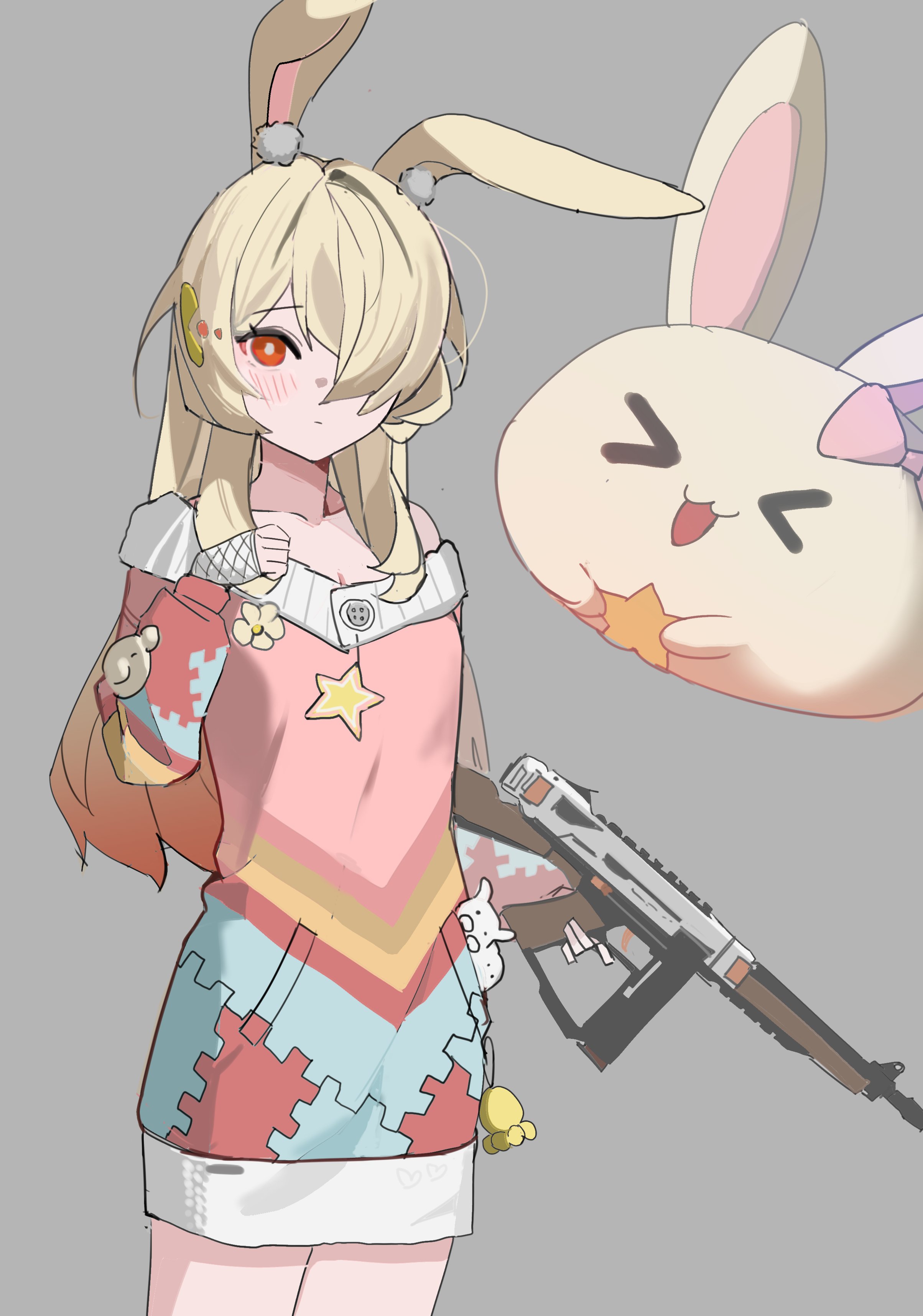 seueo, kira (trigger of fate the novita), fate trigger: the novita, absurdres, highres, 1girl, akm, animal ears, assault rifle, grey background, gun, hair ornament, hair over one eye, hairpin, hand up, hands up, holding, holding weapon, kalashnikov rifle, long hair, looking at viewer, orange eyes, rabbit ears, red eyes, rifle, simple background, weapon, white hair