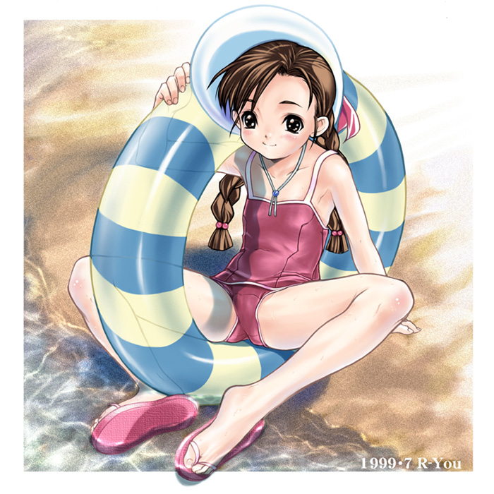 kawata hisashi, original, 1990s (style), 1999, 1girl, beach, black eyes, braid, brown hair, casual one-piece swimsuit, collarbone, dated, female focus, flip-flops, hat, innertube, loli, one-piece swimsuit, outdoors, pink one-piece swimsuit, retro artstyle, sandals, smile, solo, spread legs, straight neck, sun hat, swim ring, swimsuit, twin braids, water