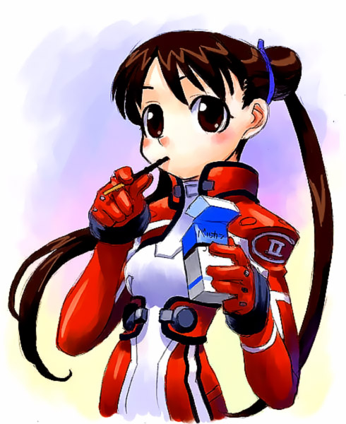 katase shima, uchuu no stellvia, 00s, 1girl, bodysuit, brown eyes, brown hair, eating, female focus, food, hair bun, long hair, pocky, single hair bun, solo, spacesuit, twintails, very long hair