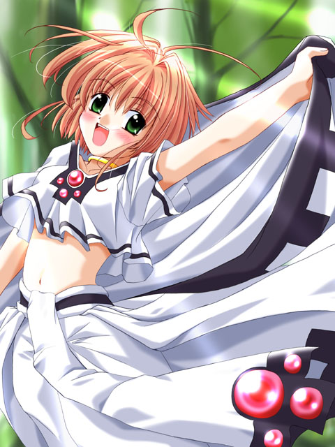 kinomoto sakura, sakura hime, cardcaptor sakura, tsubasa chronicle, 00s, 1990s (style), 1girl, blonde hair, blush, dress, female focus, green eyes, midriff, retro artstyle, smile, solo, tree
