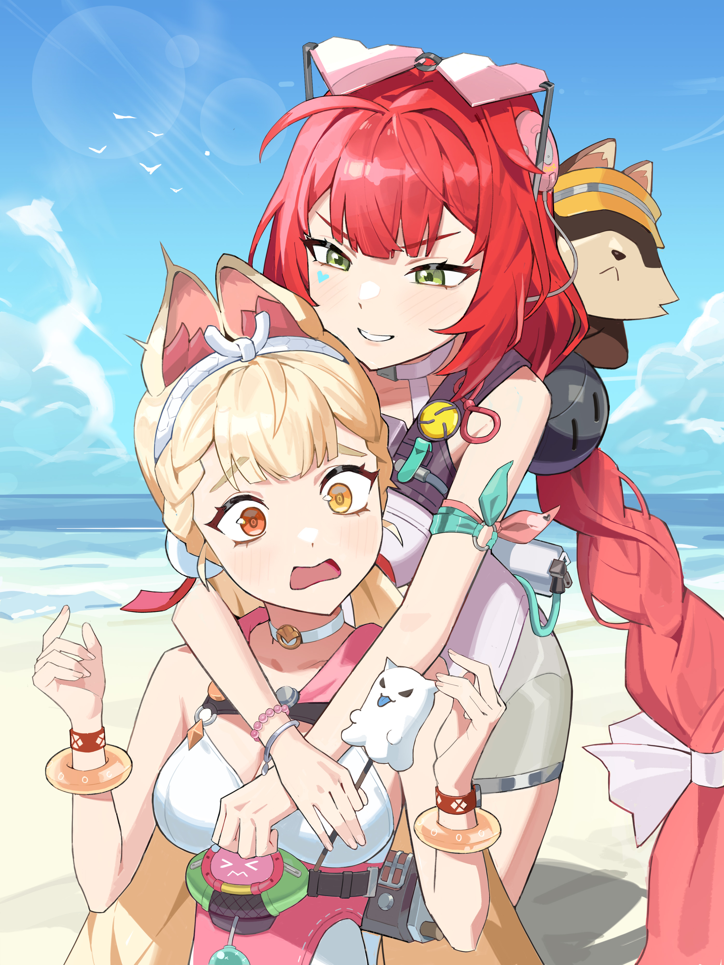 alice thymefield, alice thymefield (sea of thyme), kamanosuke (zenless zone zero), ukinami yuzuha, ukinami yuzuha (tanuki in broad daylight), zenless zone zero, absurdres, commentary, highres, symbol-only commentary, 2girls, animal ears, arms around neck, bare shoulders, beach, blonde hair, blue sky, bracelet, braid, breasts, cable, choker, cleavage, cloud, fingernails, green eyes, grin, heterochromia, hijuk, jewelry, low twin braids, low twintails, multiple girls, ocean, open mouth, orange eyes, rabbit ears, rabbit girl, red hair, sky, smile, twin braids, twintails, yellow eyes