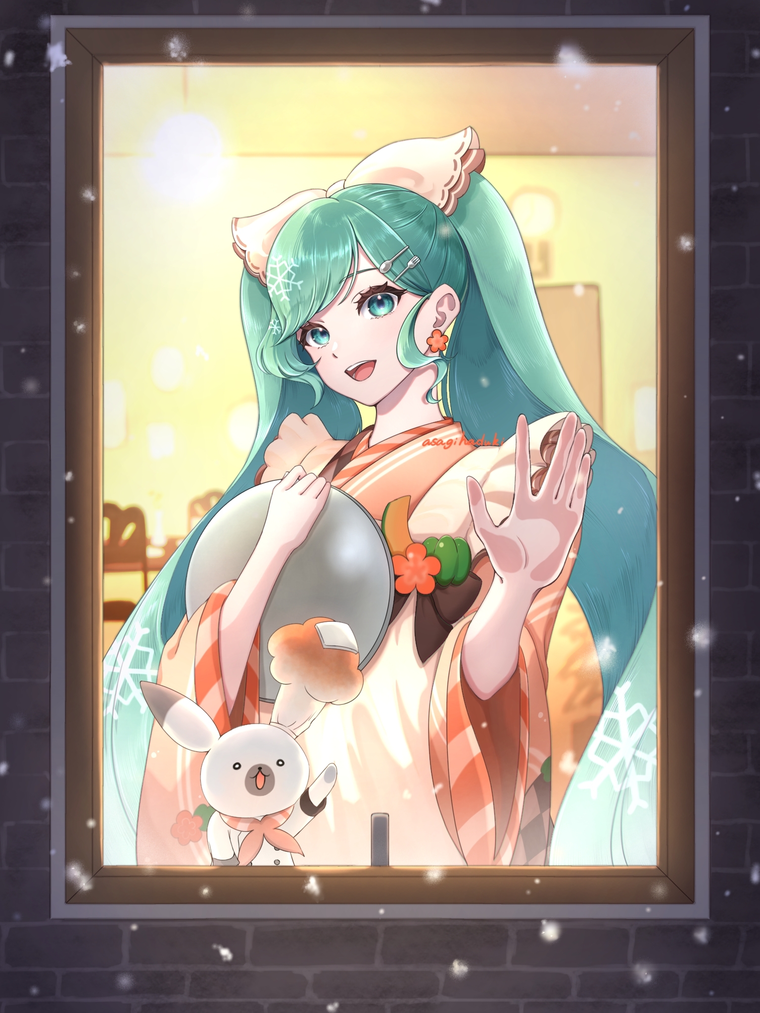 hatsune miku, rabbit yukine, yuki miku, yuki miku (2024), vocaloid, highres, 1girl, 1other, apron, bow, chef hat, earrings, fork hair ornament, green eyes, green hair, haduki-asagi0102, hair bow, happy cheat day (vocaloid), hat, holding, holding tray, japanese clothes, jewelry, kimono, long hair, looking at viewer, mini chef hat, official alternate costume, official alternate hairstyle, open mouth, orange kimono, rabbit, smile, spoon hair ornament, tray, very long hair, white apron