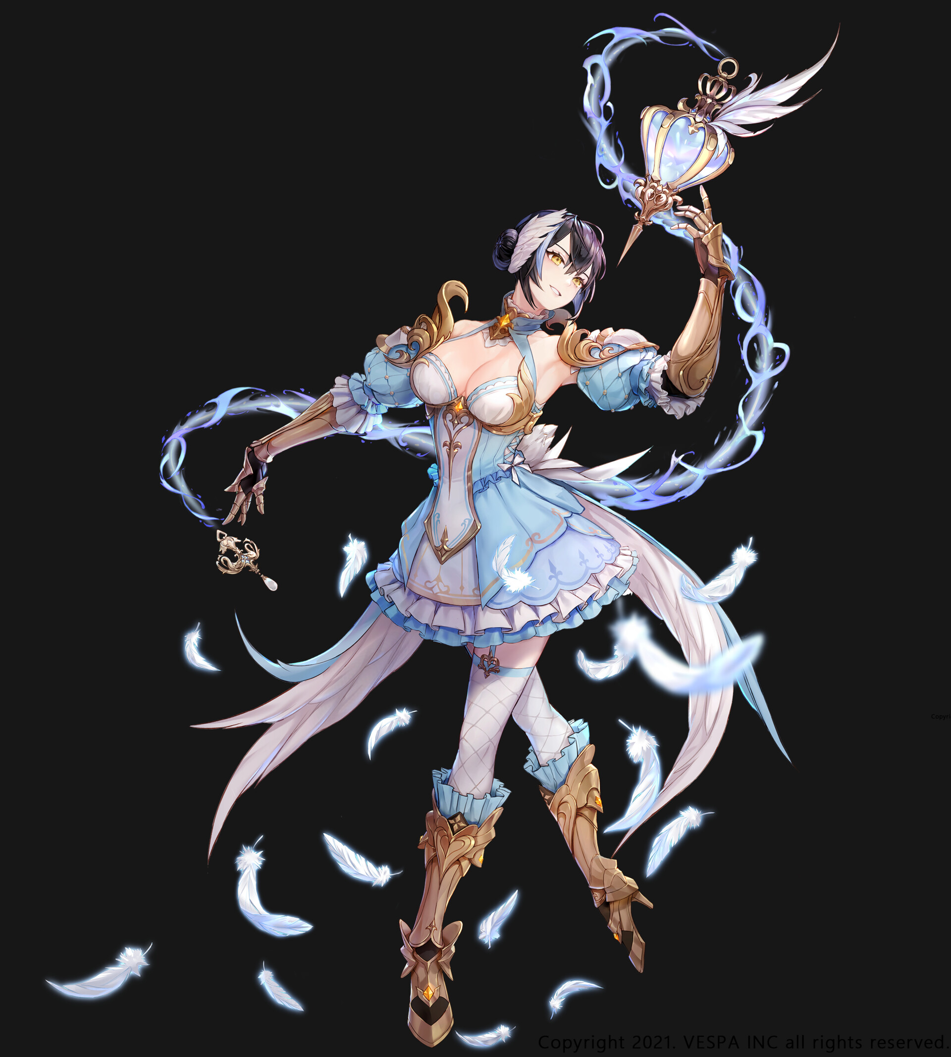 xerah (king's raid), king's raid, commentary request, highres, official art, 1girl, armor, armored boots, black hair, blue dress, boots, breasts, cleavage, detached sleeves, dress, feathers, floating, floating object, floating weapon, full body, gauntlets, gold trim, hair bun, high heel boots, high heels, ji yu lee, layered dress, medium breasts, official alternate costume, puffy detached sleeves, puffy short sleeves, puffy sleeves, short sleeves, shoulder armor, single hair bun, smile, solo, white dress, white feathers, yellow eyes