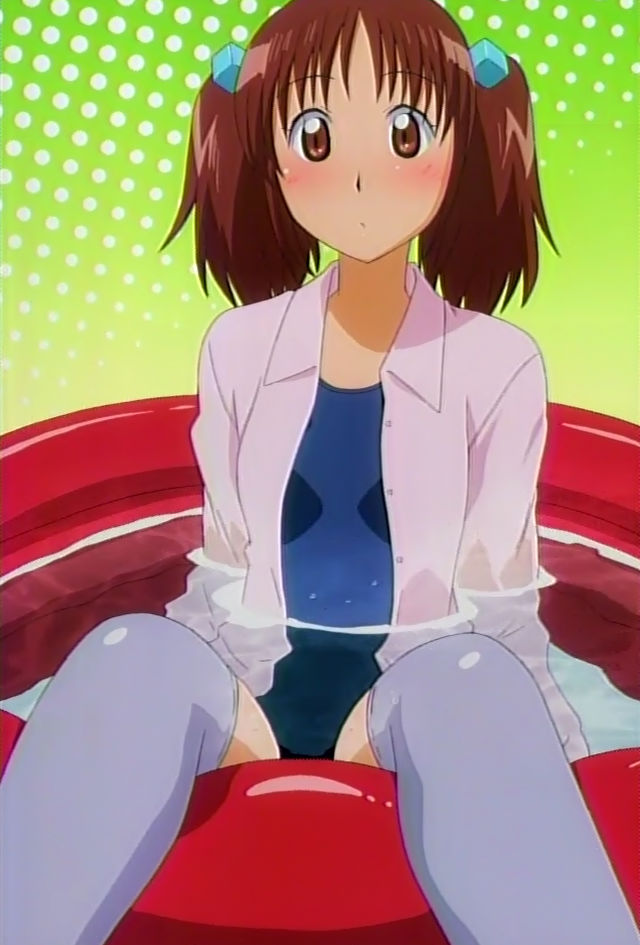 oume ayumu, gokujou seitokai, anime screenshot, 00s, cube hair ornament, hair ornament, no pants, one-piece swimsuit, open clothes, open shirt, school swimsuit, shirt, solo, swimsuit, swimsuit under clothes, thighhighs, twintails, wading pool
