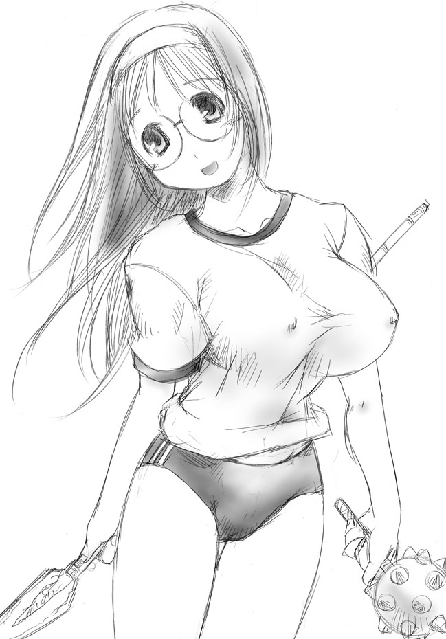 1girl, breasts, buruma, covered erect nipples, double vertical stripe, female focus, glasses, greyscale, gym uniform, hairband, huge breasts, mace, monochrome, polearm, solo, spear, weapon