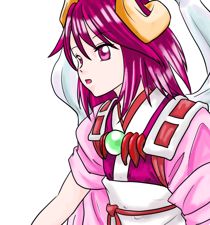 seiranken shion (shinrabanshou), shion (shinrabanshou), shinrabanshou, 1girl, female focus, horns, pink eyes, pink hair, short hair, simple background, solo