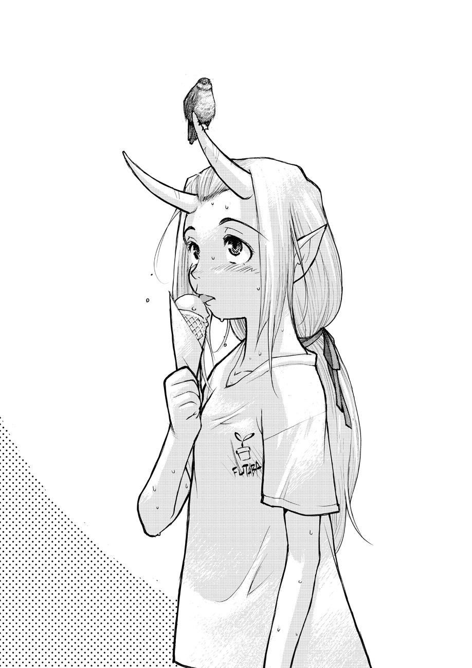 futaba channel, highres, 1girl, bird, clothes writing, female focus, food, greyscale, hair ribbon, horns, ice cream, licking, long hair, looking up, monochrome, pointy ears, ponytail, ribbon, shirt, solo, sparrow, t-shirt