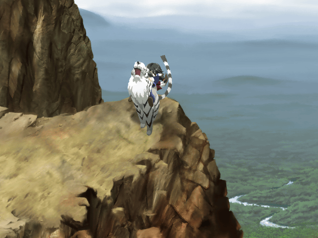 aruruu, mukkuru, utawarerumono, 00s, cliff, outdoors, riding, scenery, solo, tiger