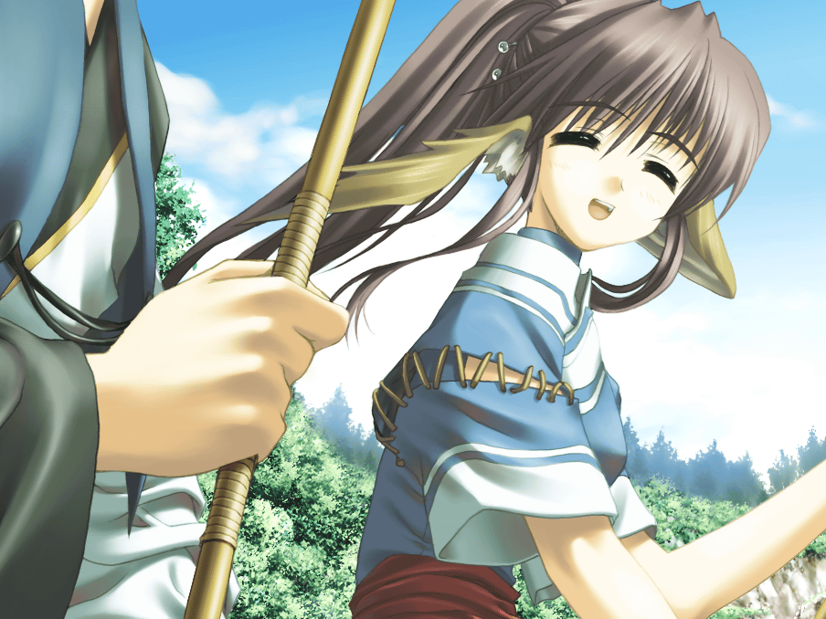 amazuyu tatsuki, touka (utawarerumono), leaf (studio), utawarerumono, game cg, non-web source, 00s, 1girl, animal ears, blush, female focus, head wings, long hair, ponytail, purple hair, smile, solo, wings