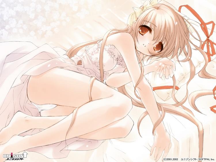 ito noizi, asahina kasumi, forget-me-not, wasurenagusa, 1girl, barefoot, bed, blush, brown eyes, brown hair, dress, feet, female focus, hair ribbon, legs, lingerie, long hair, lying, negligee, off shoulder, on side, orange eyes, panties, pantyshot, pillow, ribbon, solo, thighs, underwear, very long hair, white panties