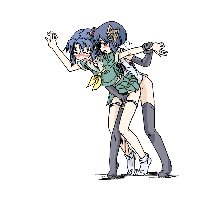 98-tan, 98se-tan, os-tan, 2girls, between legs, black thighhighs, blush, bob cut, fingering, loli, multiple girls, pleated skirt, school uniform, serafuku, skirt, socks, thighhighs, tiptoes, yuri