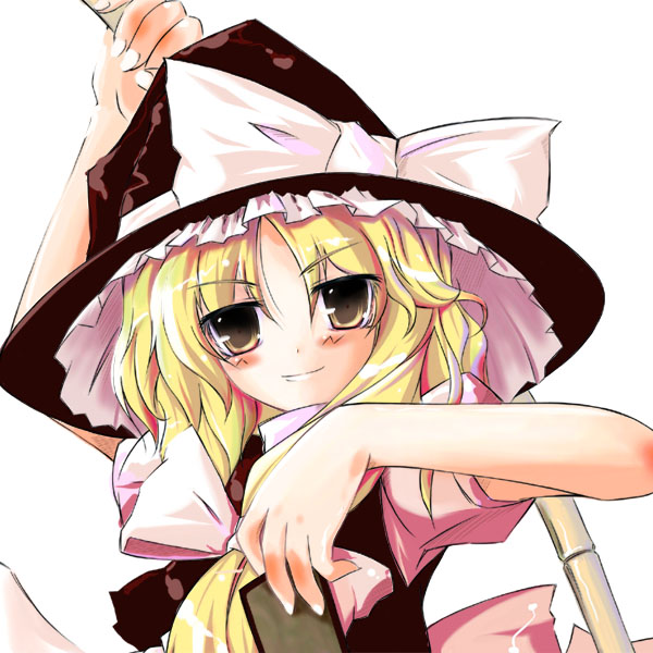cinki, kirisame marisa, touhou, 1girl, blonde hair, bow, brown eyes, female focus, hair bow, hat, light smile, long hair, solo, witch hat