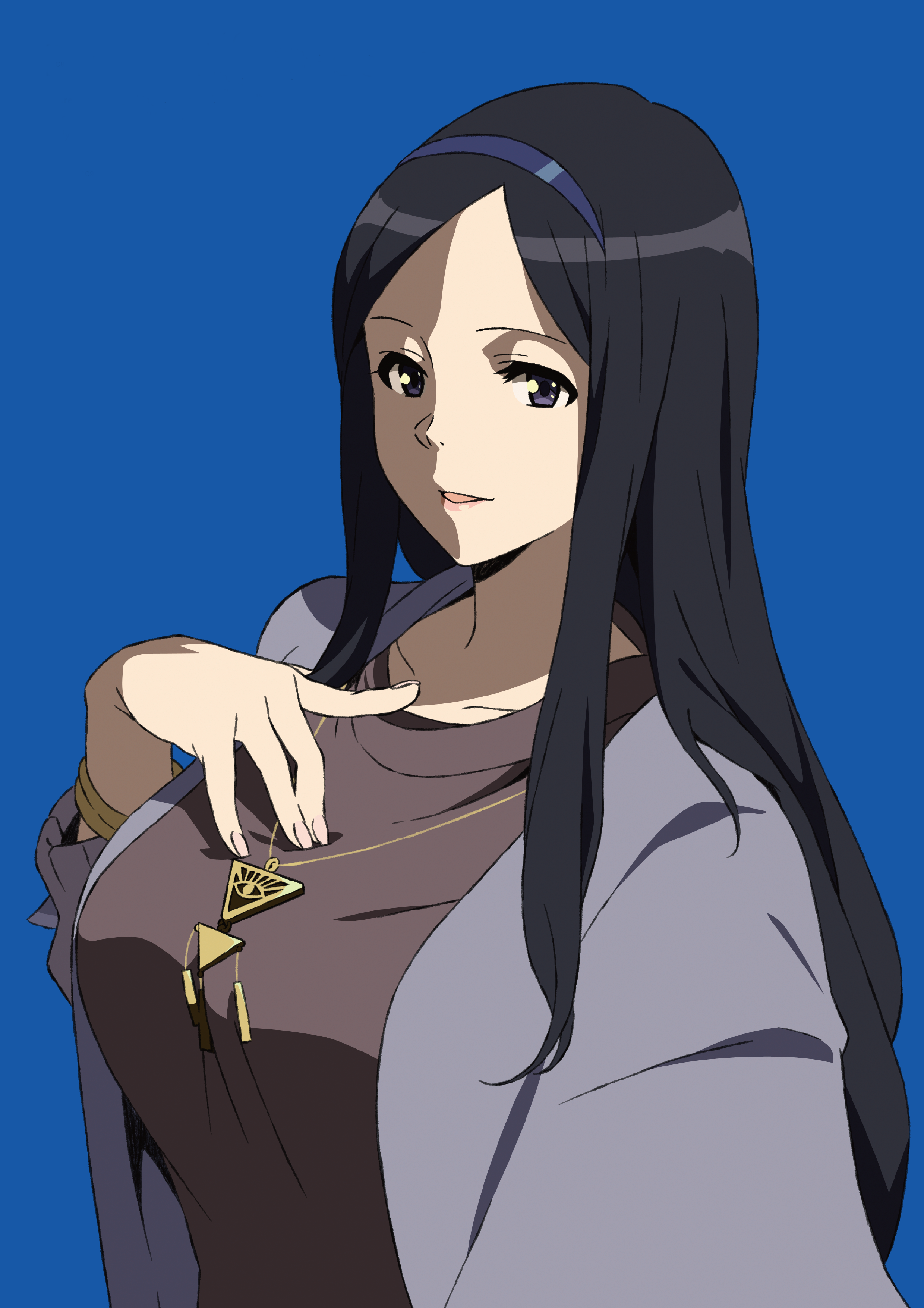 nishizono ririka, occultic;nine, science adventure, absurdres, highres, official art, 1girl, black hair, blue background, breasts, eye of providence, hairband, headband, jewelry, large breasts, long hair, long sleeves, looking at viewer, necklace, purple eyes, purple headband, shirt, smile, solo, upper body