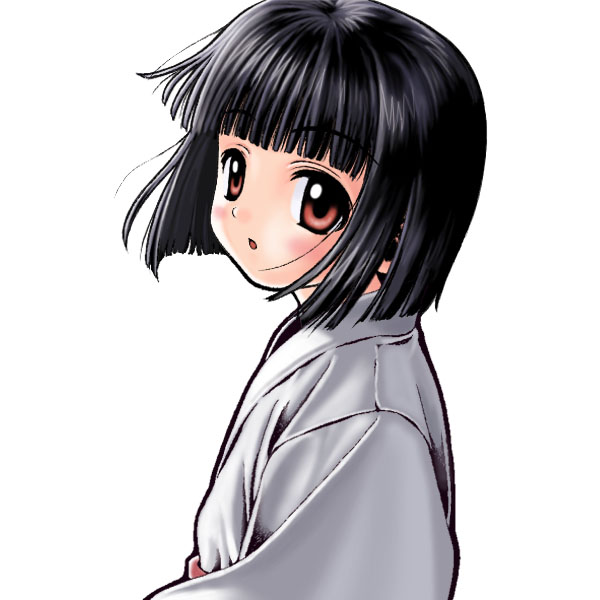 kigaru, nekopuchi, saegusa miko, kamichu!, 00s, 1girl, :o, black hair, blunt bangs, blush, bob cut, child, embarrassed, female focus, flat chest, japanese clothes, kimono, looking at viewer, looking back, miko, profile, red eyes, short hair, simple background, solo, surprised, upper body