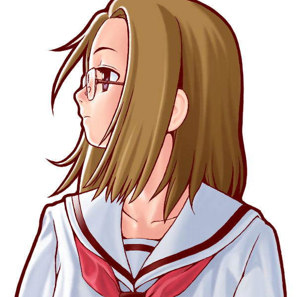 kigaru, nekopuchi, shijou mitsue, kamichu!, looking away, 00s, 1girl, brown hair, expressionless, female focus, from side, glasses, necktie, profile, purple eyes, school uniform, serafuku, short hair, simple background, solo, upper body, white background
