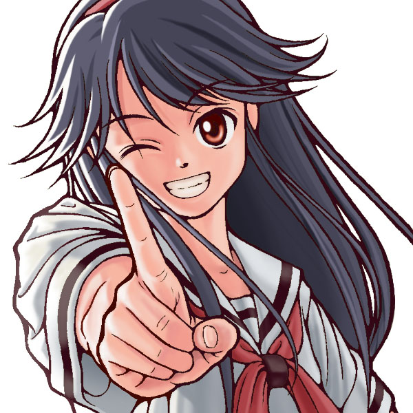 kigaru, nekopuchi, saegusa matsuri, kamichu!, 00s, 1girl, ;d, blue hair, female focus, fingernails, flat chest, foreshortening, grin, hairband, long fingernails, long hair, looking at viewer, neckerchief, necktie, one eye closed, open mouth, outstretched arm, parted bangs, pointing, red eyes, school uniform, serafuku, simple background, smile, solo, swept bangs, upper body, white background