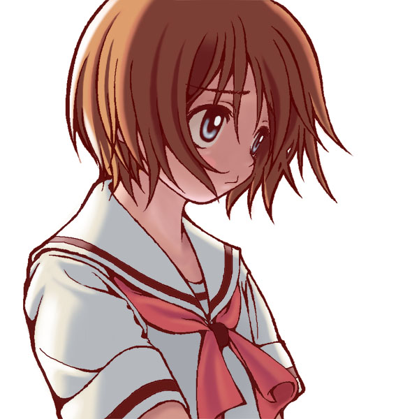kigaru, nekopuchi, hitotsubashi yurie, kamichu!, looking away, 00s, 1girl, :>, blue eyes, blush stickers, brown hair, child, female focus, flat chest, profile, school uniform, serafuku, short hair, simple background, solo, upper body, white background