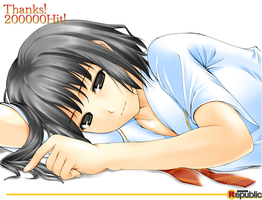 ribucci, shijou mitsuki, kimi kiss, 1girl, black eyes, black hair, english text, female focus, looking at viewer, lying, on side, simple background, solo, white background