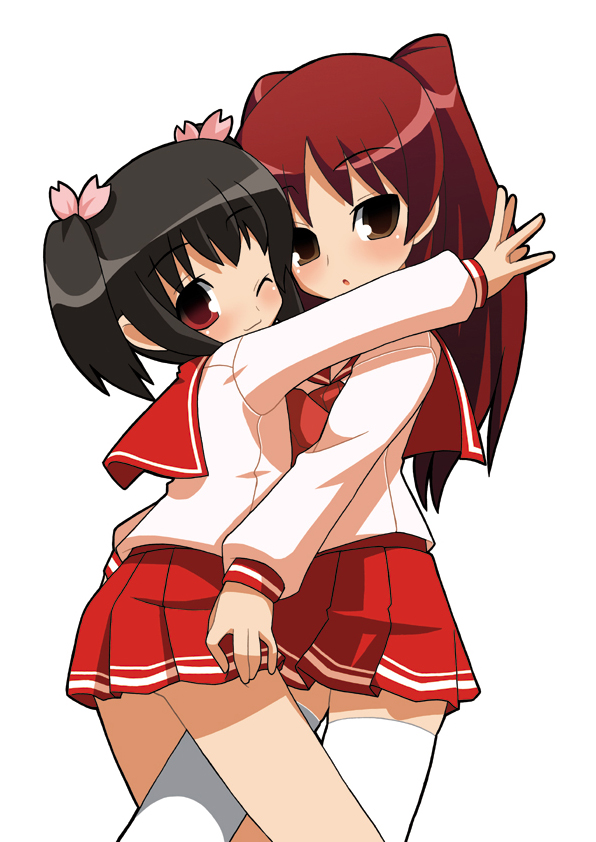 imaizumi teruhiko, teruhiko imaizumi, kousaka tamaki, yuzuhara konomi, to heart (series), to heart 2, white legwear, 00s, 2girls, cowboy shot, multiple girls, one eye closed, pleated skirt, school uniform, serafuku, simple background, skirt, thighhighs, white background, wink
