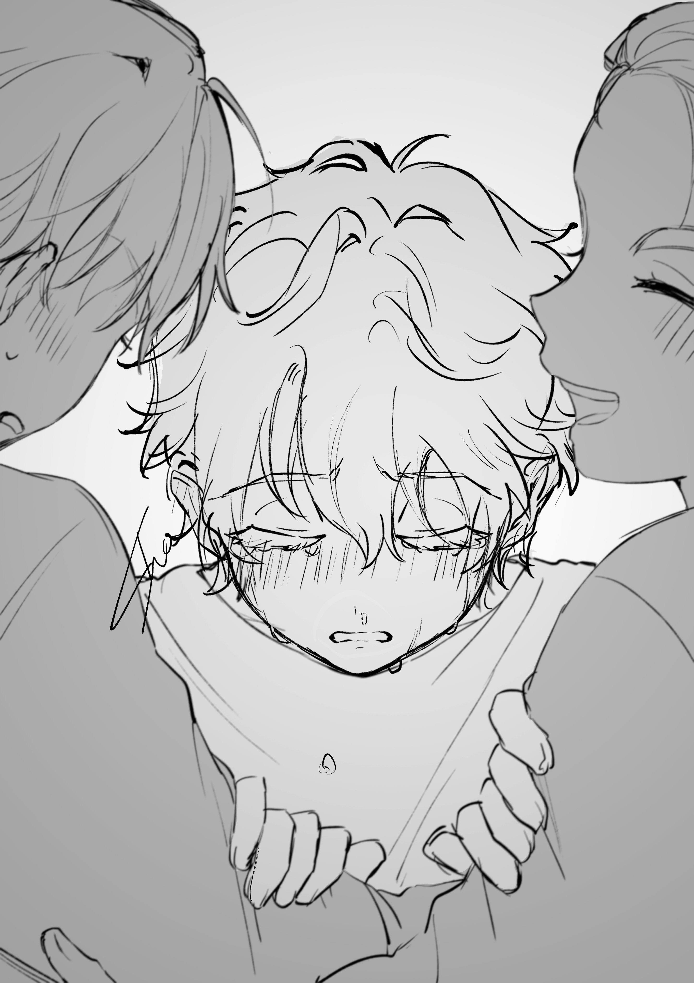 sho (shoootaya), hyuna (alien stage), luka (alien stage), alien stage, absurdres, commentary request, highres, 1girl, 2boys, closed eyes, crying, greyscale, hand on another's arm, hyunwoo (alien stage), monochrome, multiple boys, open mouth, short hair, smile, tears