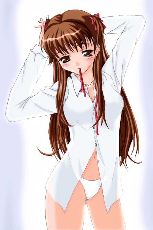 tsukino, ogata rina, white album, white album (series), yakitate!! japan, 00s, bottomless, brown eyes, brown hair, dress shirt, hair ribbon, highleg, highleg panties, long hair, mouth hold, navel, no pants, open clothes, open shirt, panties, ribbon, shirt, solo, underwear