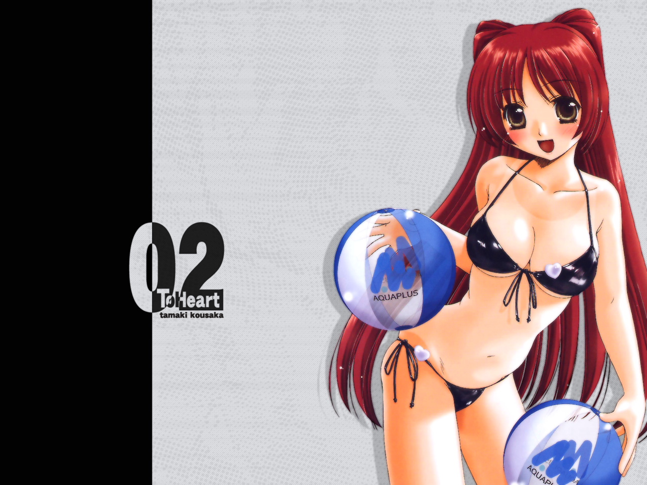 takagi nobuyuki, kousaka tamaki, to heart (series), to heart 2, 00s, 1girl, ball, beachball, bikini, black bikini, blush, breasts, brown eyes, cleavage, female focus, long hair, one-piece tan, red hair, side-tie bikini bottom, solo, swimsuit, tan, tanline