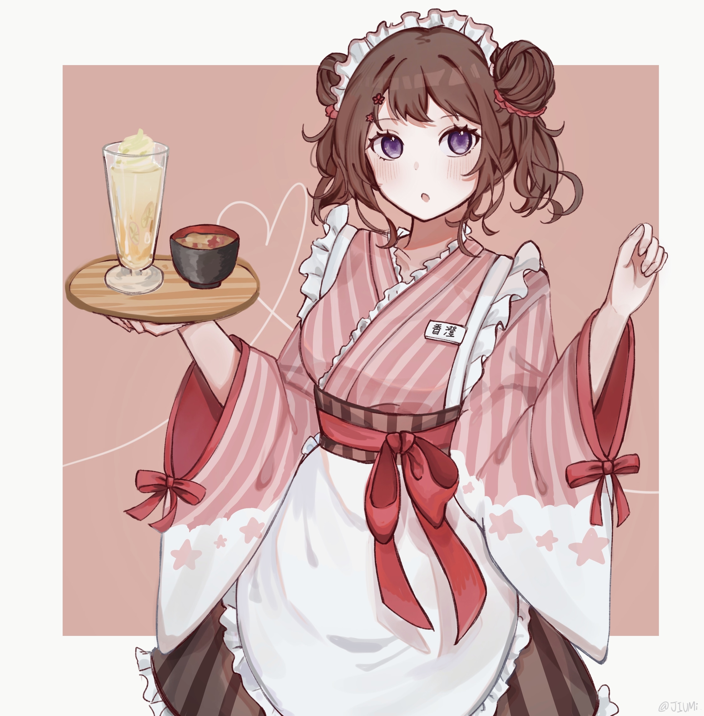 toyama kasumi, bang dream!, sweets paradise, commentary, highres, translated, 1girl, apron, blush, border, brown hair, cup, double bun, hair bun, holding, holding tray, japanese clothes, jiumi, kimono, maid, name tag, open mouth, outside border, pink background, pink kimono, purple eyes, short hair, solo, tray, wa maid, waist apron, white apron, white border