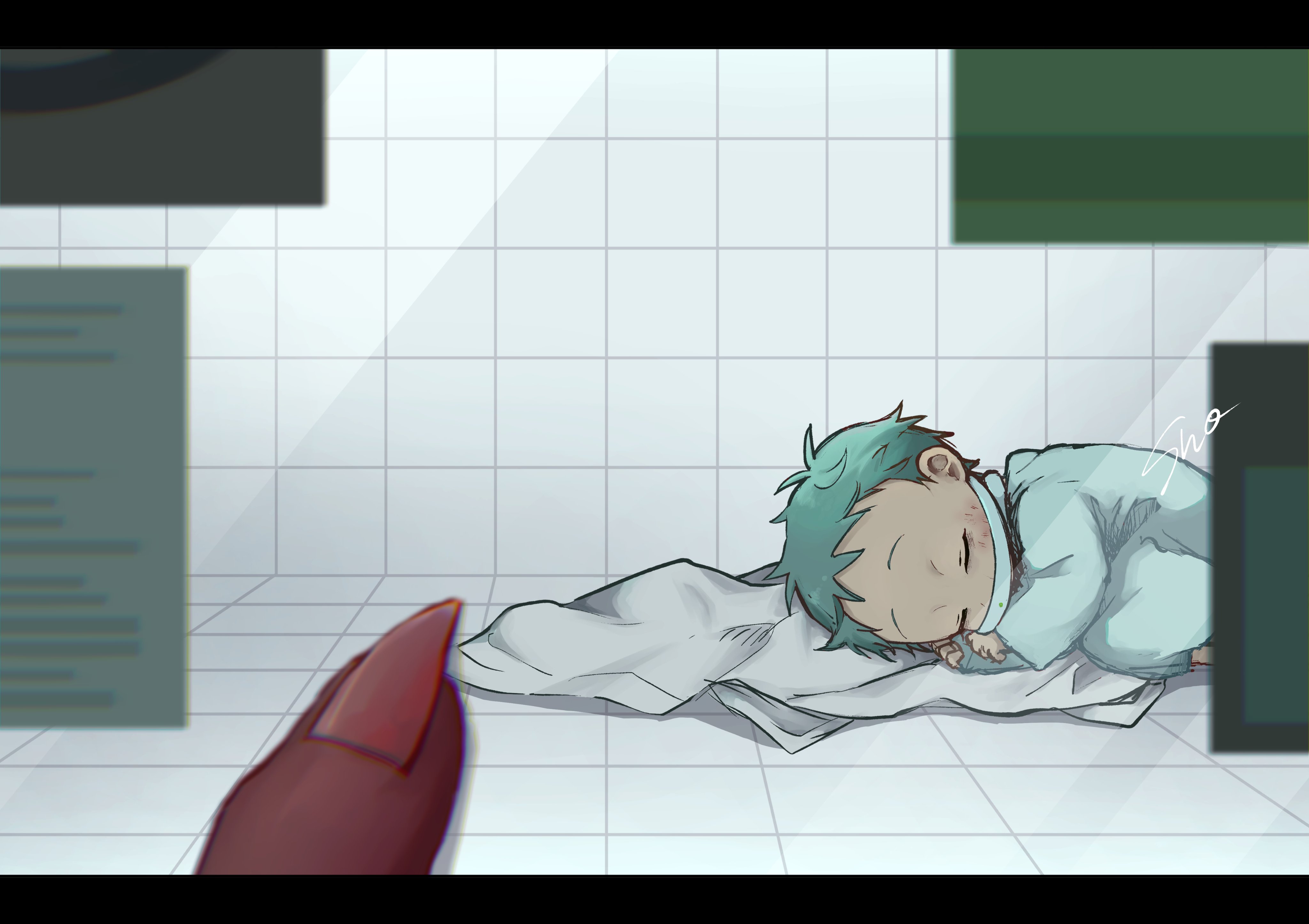 sho (shoootaya), till (alien stage), alien stage, absurdres, commentary request, highres, 1boy, aged down, alien, closed eyes, fingernails, gagged, grey hair, sharp fingernails, shirt, short hair, signature, sleeping, tile floor, tile wall, tiles, very short hair, white shirt